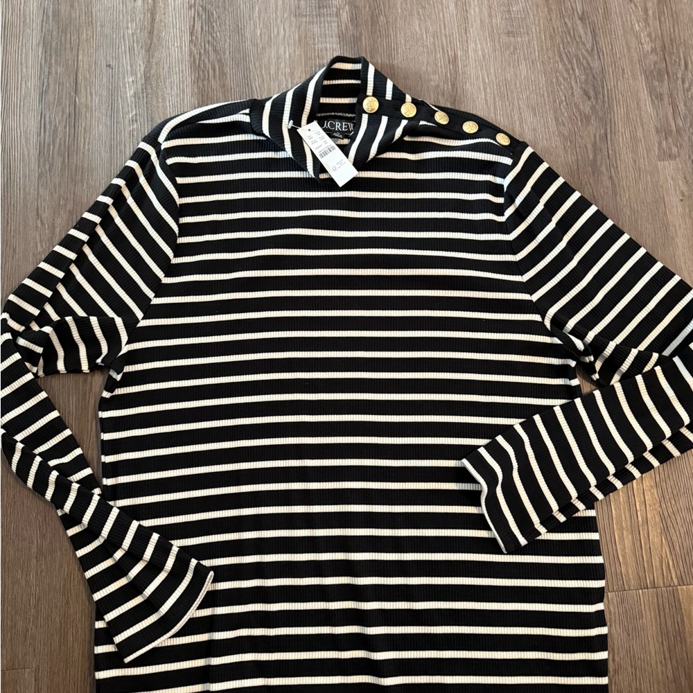 J. Crew Black and White Striped Top with Gold Buttons 2X